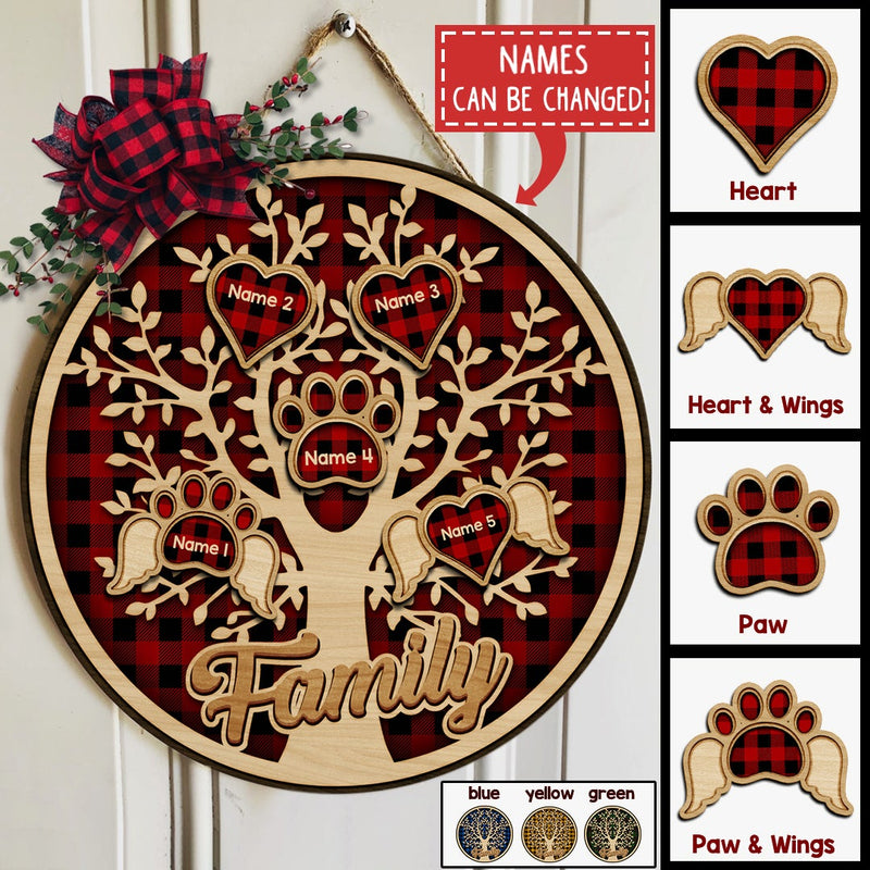 Family Tree With Four Color Backgrounds, Hearts And Paws Wing, Personalized Door Sign