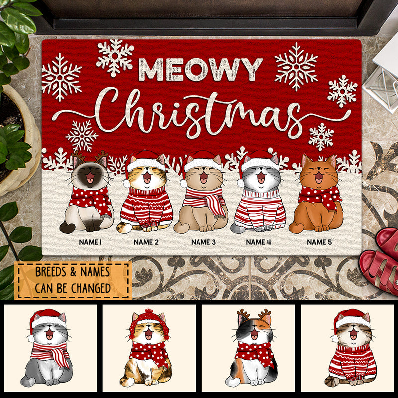 Meowy Christmas - Red Wooden White Snowflake - Personalized Cat Christmas Doormat