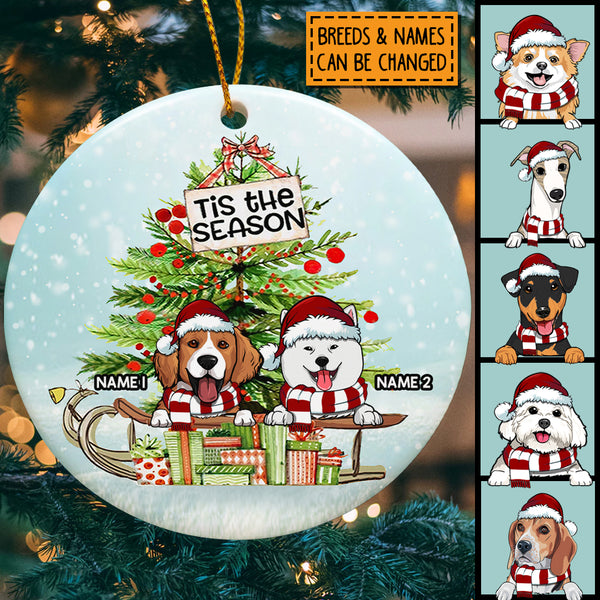 Tis The Season, Christmas Tree & Gifts Circle Ceramic Ornament, Personalized Christmas Dog Breeds Ornament