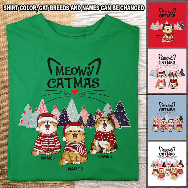 Meowy Catmas - Christmas Cat With Pine Trees - Personalized Cat Christmas T-shirt