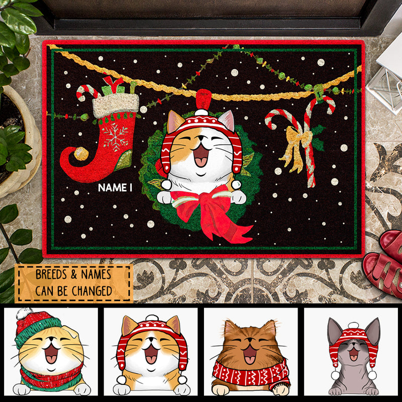 Xmas Funny Cat With Wreath - Xmas Stocking And Candy - Black Mat - Personalized Cat Christmas Doormat