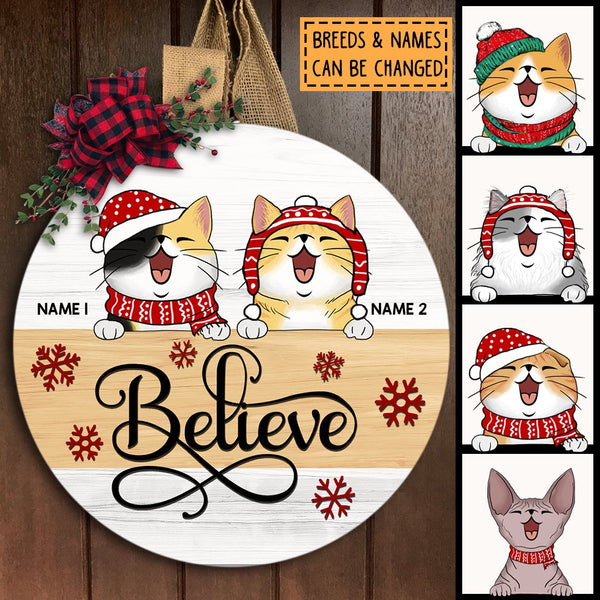 Believe - White Background - Personalized Cat Christmas Door Sign