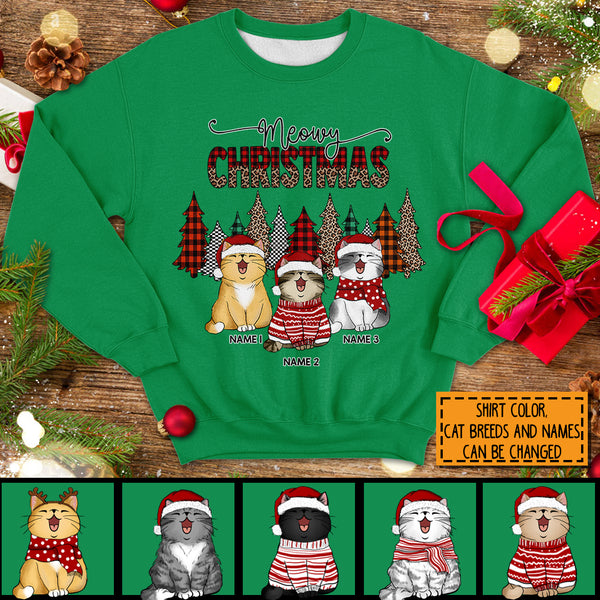 Meowy Christmas, Leopard & Plaid Christmas Trees, Personalized Cat Breeds Sweatshirt, Sweatshirt For Cat Lovers