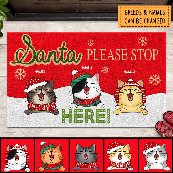 Santa Please Stop Here, Red & White Background, Personalized Cat Christmas Doormat