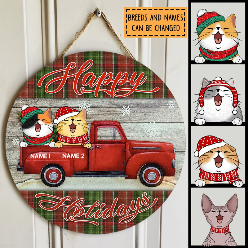 Happy Holiday, Red Truck & Plaid Sign, Personalized Cat Breeds Door Sign, Xmas Gifts For Cat Lovers