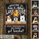 lake house decor Welcome To Family Lake House, Where Marshmallows And Friends Get Toasted, Dog & Beverage, Personalized Dog Lovers Metal Sign
