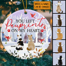 You Left Pawprints On My Heart Circle Ceramic Ornament, Red Cardinal And Winter Forest, Personalized Angel Cat Decorative Christmas Ornament