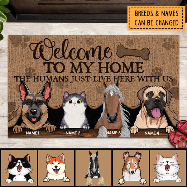Welcome To Our Home The Humans Just Live Here With Us, Peeking From Curtain, Personalized Dog & Cat & Horse Doormat