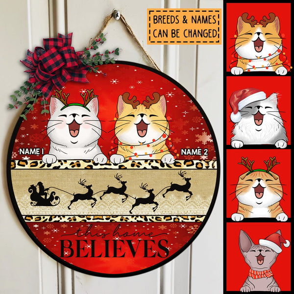 This Home Believes - Santa's Sleigh - Red And Gold - Personalized Cat Christmas Door Sign