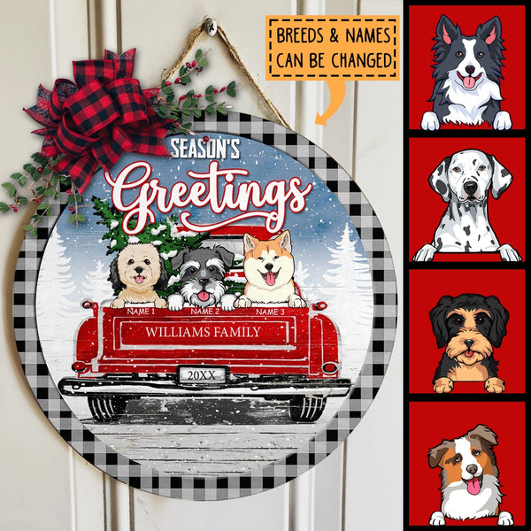 Season's Greetings - Dogs On Red Truck - Personalized Dog Christmas Door Sign