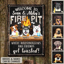 Welcome To Family Fire Pit, Where Marshmallows And Friends Get Toasted, Dog & Beverage, Personalized Dog Lovers Metal Sign