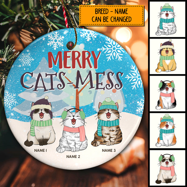 Merry Cat-mess, Winter Forest & Snowflake, Personalized Cat Breeds Circle Ceramic Ornament, Cat Lovers Gifts