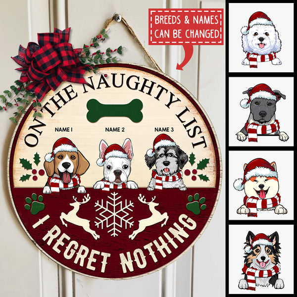 On The Naughty List We Regret Nothing, Paw, Bones, Snow, Reindeer On The Yellow And Wine Color Background, Personalized Dog Lovers Christmas Door Sign