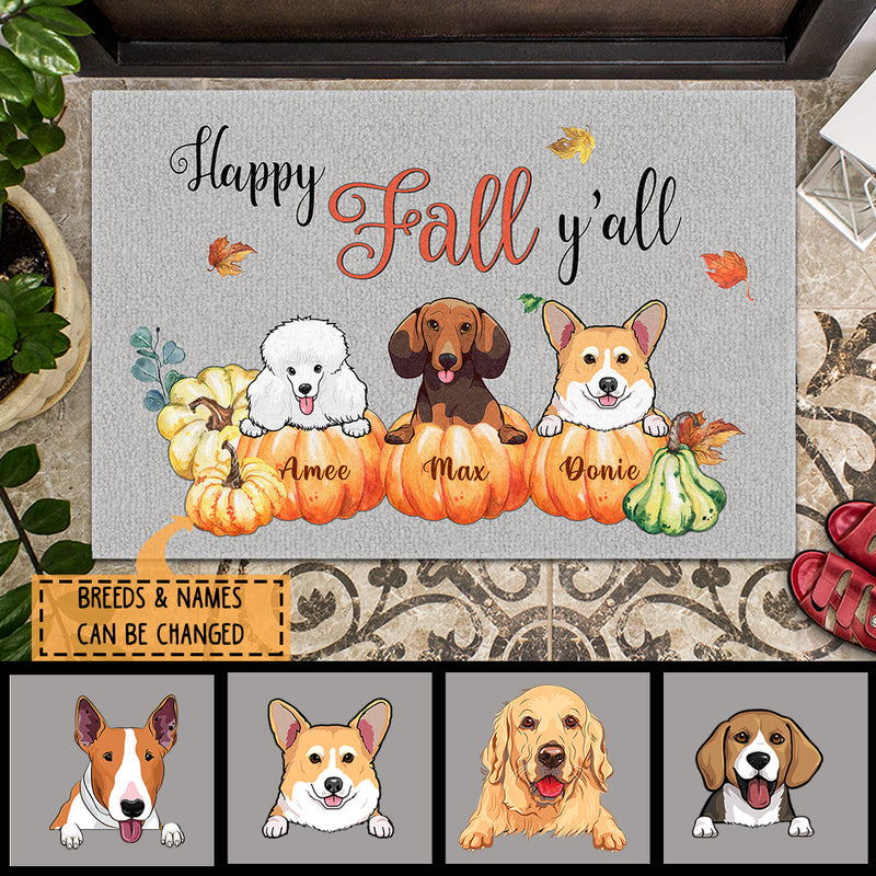 Happy Fall Y'all, Maple Leaves & Pumpkin, Gift For Dog Lovers, Personalized Custom Autumn Dog Peeking Doormat