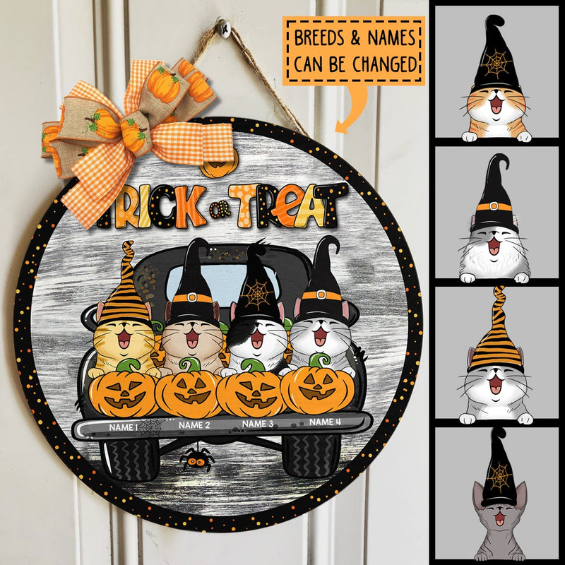 Trick Or Treat - Cats And Pumpkins On Truck - Personalized Cat Halloween Door Sign