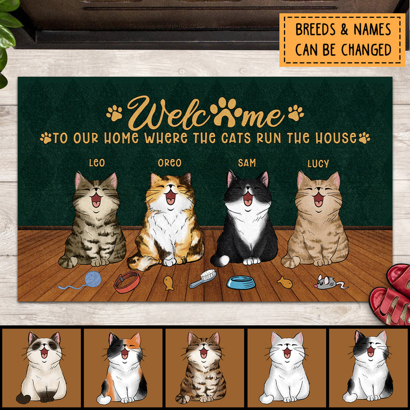 Welcome To Our Home Where The Cats Run The House, Chubby Laughing Cats, Personalized Cat Lovers Doormat, Gift For Cat Lovers