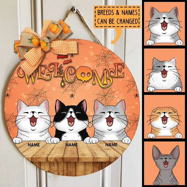 Welcome - Orange Color - Personalized Cat Halloween Door Sign