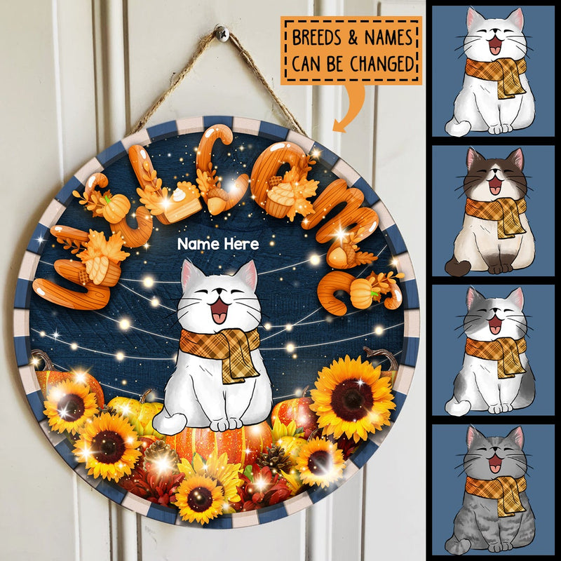 Welcome - Sunflower Decoration - Personalized Cat Autumn Door Sign