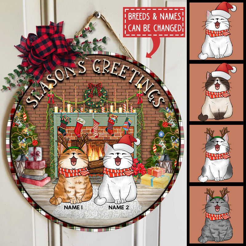 Season's Greetings - Indoor Fireplace - Personalized Cat Christmas Door Sign