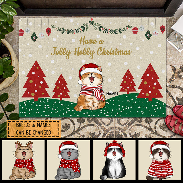 Have A Jolly Holly Christmas - Red Pine Tree On Green Land - Personalized Cat Christmas Doormat