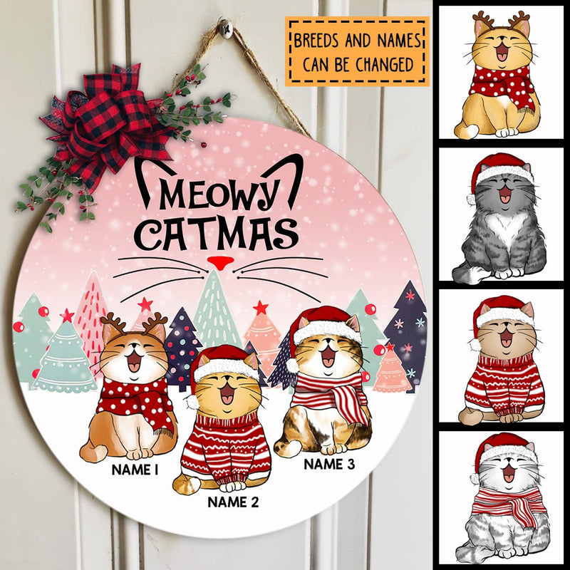 Meowy Catmas - Christmas Cat With Pine Trees - Pinky - Personalized Cat Christmas Door Sign