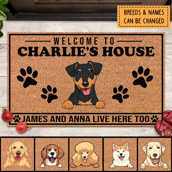 Welcome To Dogs' House, Light Brown Background With Pawprints, Personalized Dog Lovers Doormat