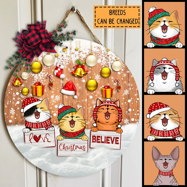 Love Christmas Believe - Snowy Wooden - Personalized Cat Christmas Door Sign