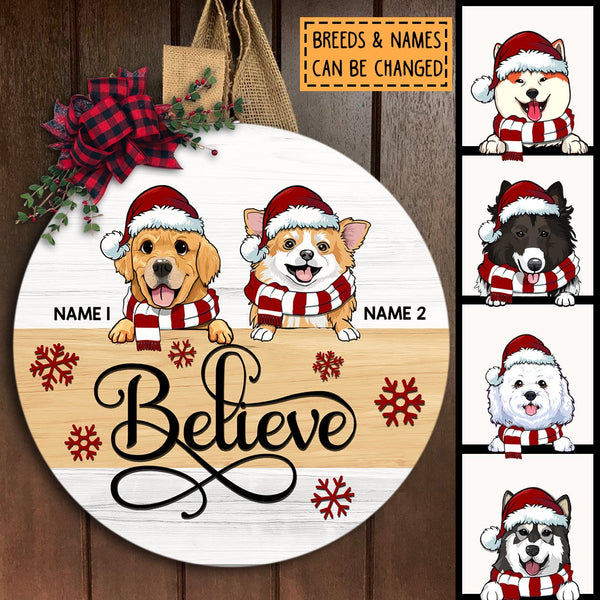 Believe - White Background - Personalized Dog Christmas Door Sign