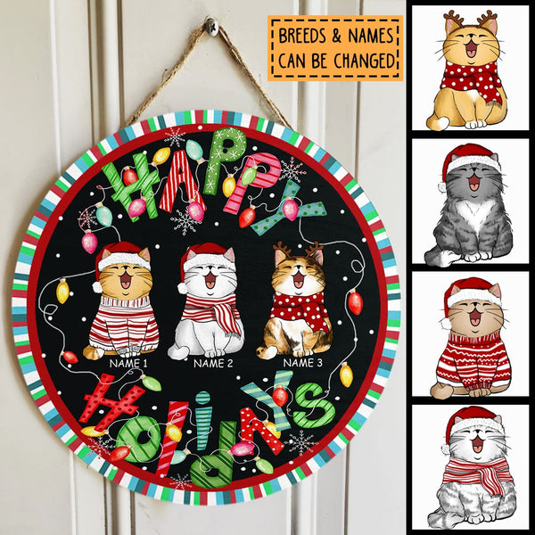 Happy Holidays - Black Background Colorful Stripes Around - Personalized Cat Christmas Door Sign