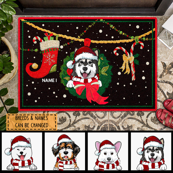 Xmas Funny Dog With Wreath - Xmas Stocking And Candy - Black Mat - Personalized Dog Christmas Doormat