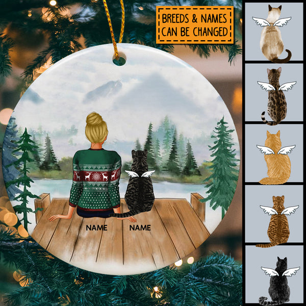 Girl & Cat, Personalized Cat Circle Ceramic Ornament, Cat Memorial Ornament, Loss Of Pet Gift