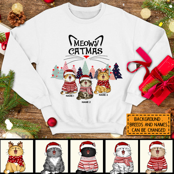 Meowy Catmas, Christmas Tree, Personalized Christmas Cat Breeds Sweatshirt, Sweatshirt For Cat Lovers