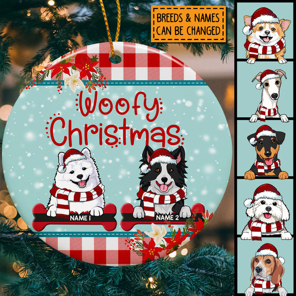 Woofy Christmas, Flower & Buffalo Plaid Circle Ceramic Ornament, Personalized Christmas Dog Breeds Ornament