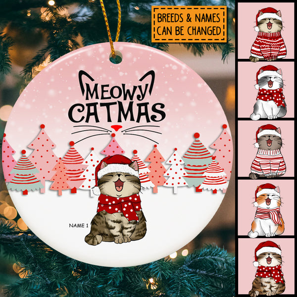 Meowy Catmas, Pine Forest Circle Ceramic Ornament, Personalized Cat Breeds Ornament, Xmas Gifts For Cat Lovers