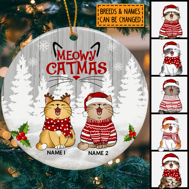 Meowy Catmas, White Christmas Tree Circle Ceramic Ornament, Personalized Cat Breeds Ornament