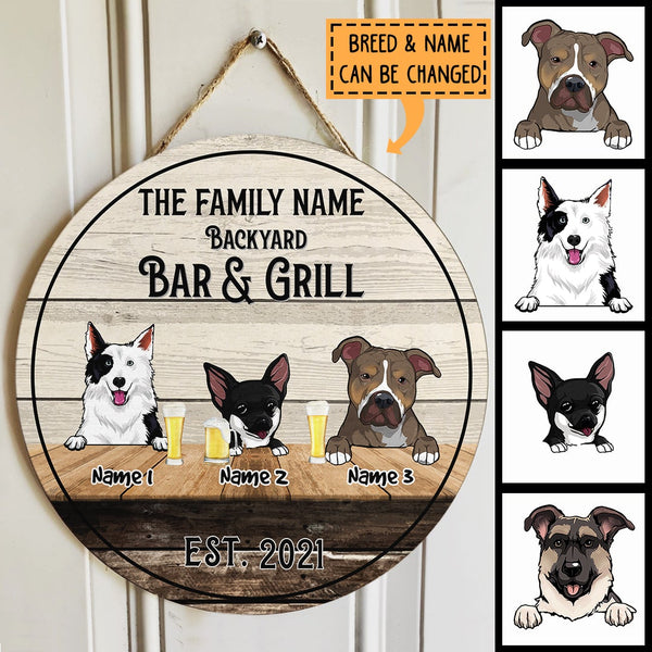 Backyard Bar & Grill, Wooden Theme, Dog Lovers Gifts, Personalized Dog Breeds Door Sign