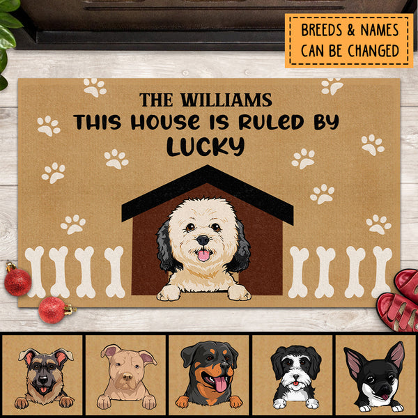 This House Is Ruled By Dogs, Light Brown With Pawprints & Bones & House Sign, Personalized Dog Lovers Doormat