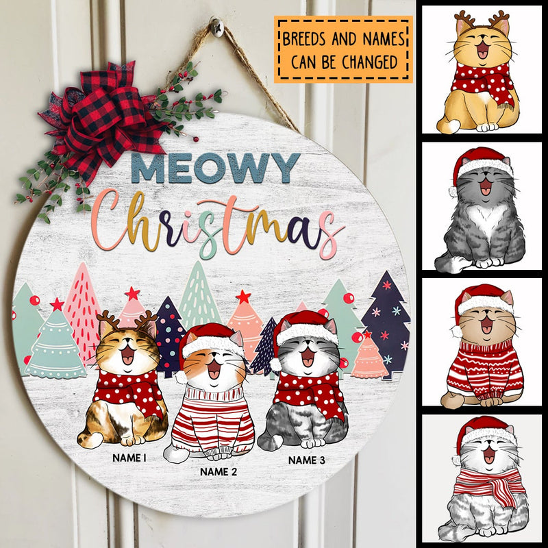 Meowy Christmas - Christmas Cat With Pine Trees - Silver Wooden - Personalized Cat Christmas Door Sign