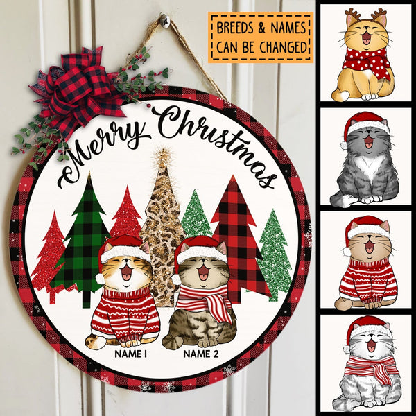 Merry Christmas - Red Plaid Around - Personalized Cat Christmas Door Sign