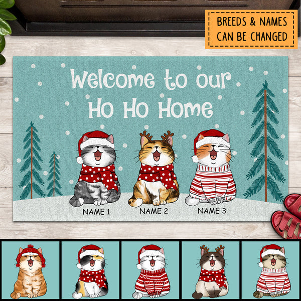 Welcome To Our Ho Ho Home, Turquoise Pastel Background, Personalized Cat Christmas Doormat