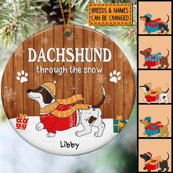 Dachshund Through The Snow Circle Ceramic Ornament, Wooden Background, Personalized Dog Lovers Decorative Christmas Ornament