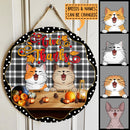 Give Thanks - Black And White Plaid Background - Personalized Cat Autumn Door Sign
