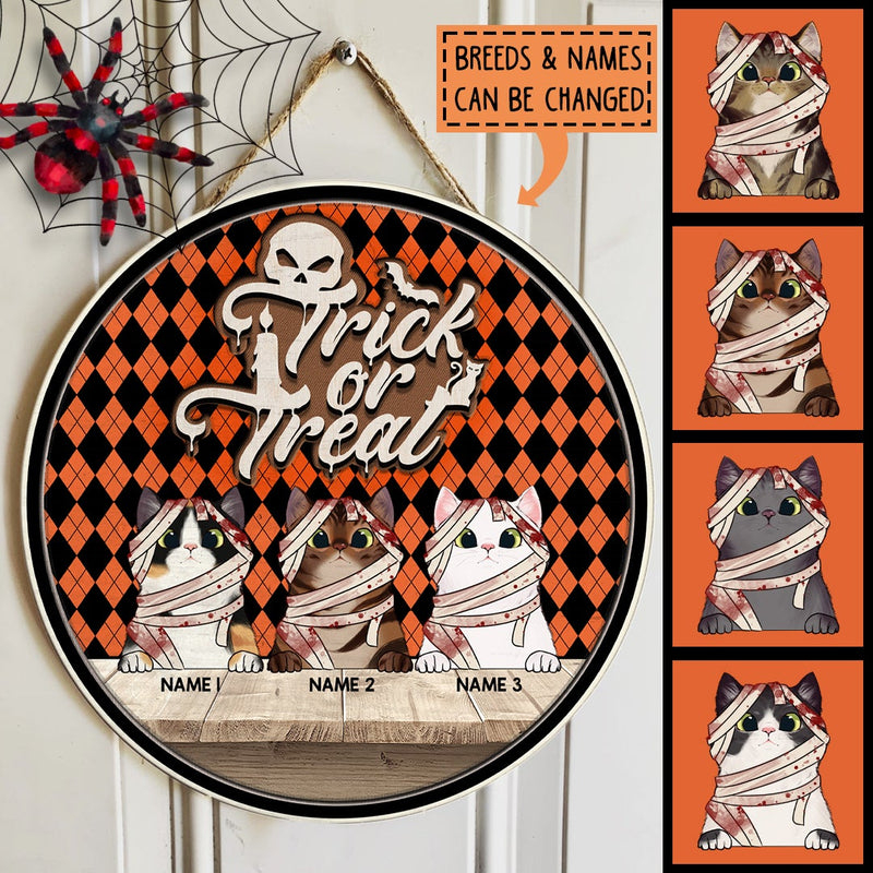 Trick Or Treat - Orange And Black Argyle - Mummy Cats - Personalized Cat Halloween Door Sign