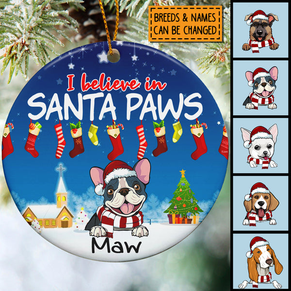 I Believe in Santa Paws Circle Ceramic Ornament, Blue Night Sky, Personalized Dog Lovers Decorative Christmas Ornament
