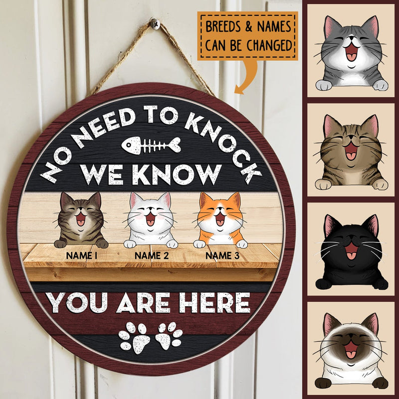 No Need To Knock We Know You Are Here, Cat Pawprints & Bone, Personalized Cat Lovers Door Sign