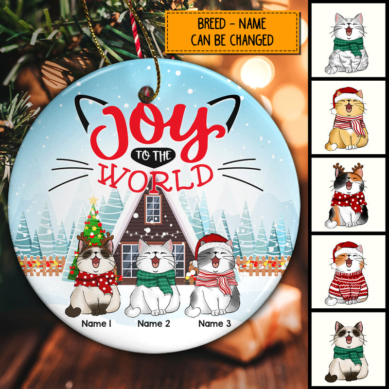 Joy To The World Snowy Mint Tone Circle Ceramic Ornament - Personalized Cat Lovers Decorative Christmas Ornament