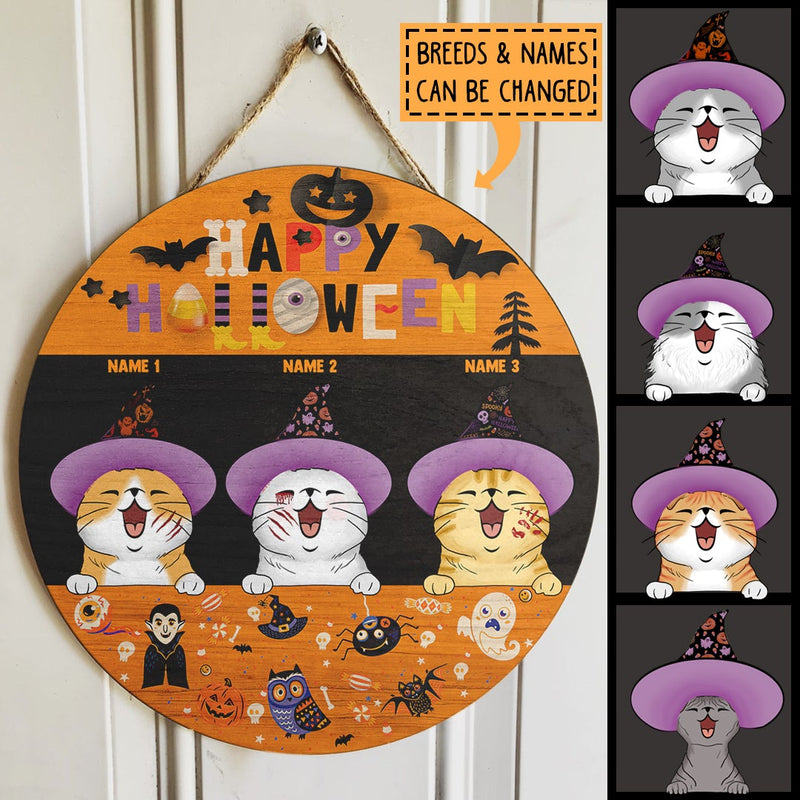 Happy Halloween - Cats Wear Witch Hat - Personalized Cat Door Sign