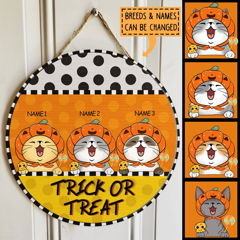 Trick Or Treat - Pumpkin Hat - Polka Dots - Personalized Cat Halloween Door Sign