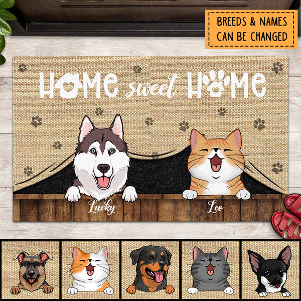Home Sweet Home, Canvas Background, Pets Under Curtain, Personalized Dog & Cat Lovers Doormat