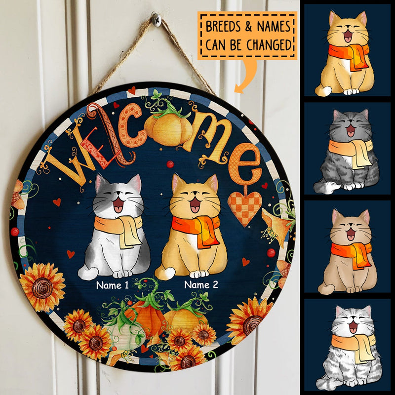 Welcome - Fall Flowers Around - Cats Wear Scarf - Personalized Cat Autumn Door Sign